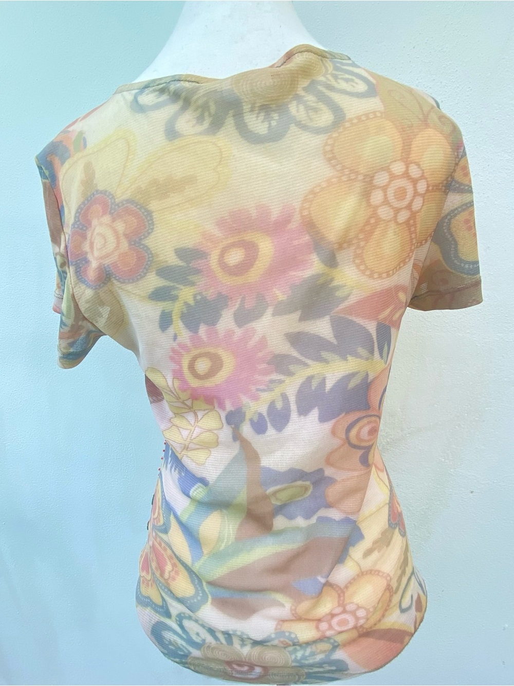 Y2K Orange Multicolor Beaded Floral Mesh Top Size Large - Picture 6 of 7